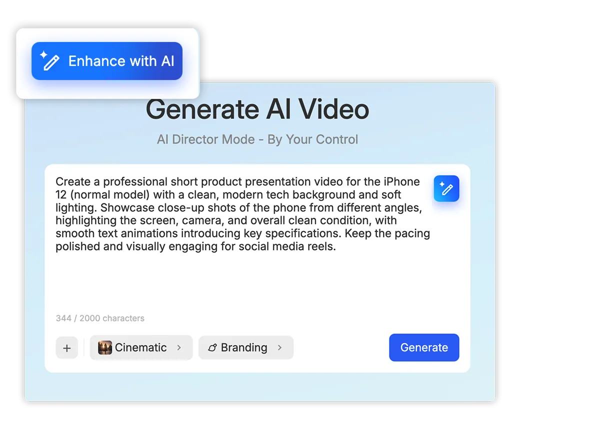 An AI-enhanced prompt in Visla with wording adapted for a full video or an individual AI-generated clip.